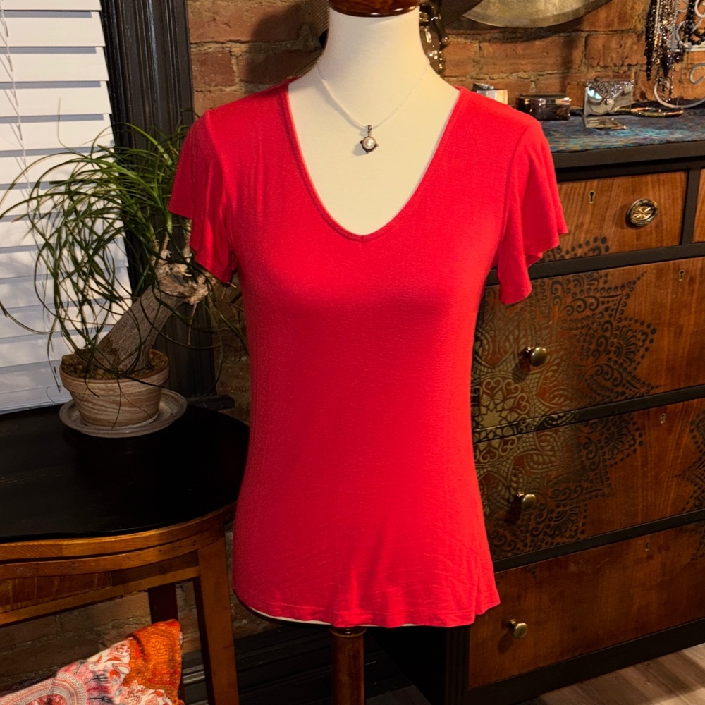 Red V-Neck Short Sleeve Top with Flutter Sleeves